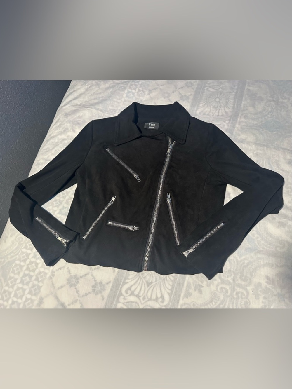 VICI Black Suede Asymmetrical women Moto Jacket with Silver Hardware